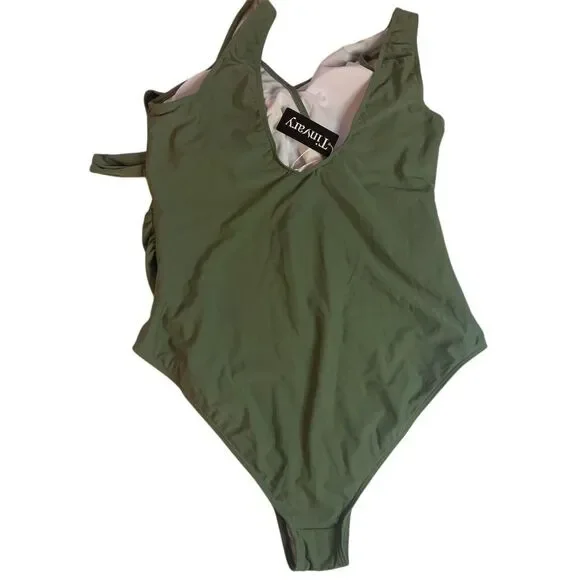 Tinvary Women's 2XL Green V-Neck Tie-Front Wrap One Piece Swimsuit - Picture 5 of 5